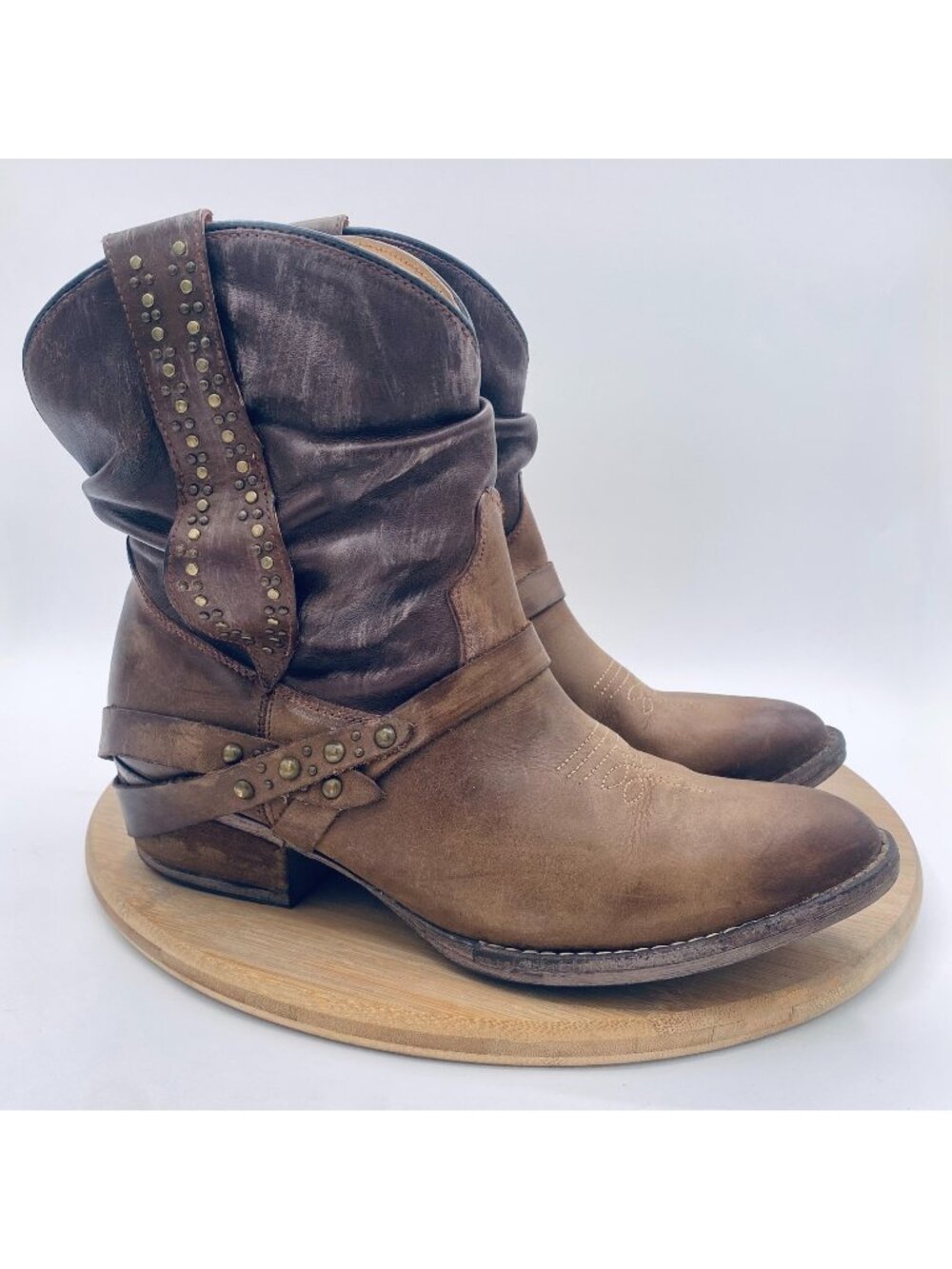 Circle G Cowboy Boots Womens 10 Brown Leather Studded Ankle Harness Boho
